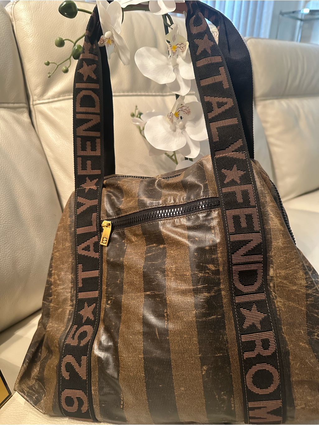 Fendi Distressed Brown And Black Striped Duffel Bag With Pouch